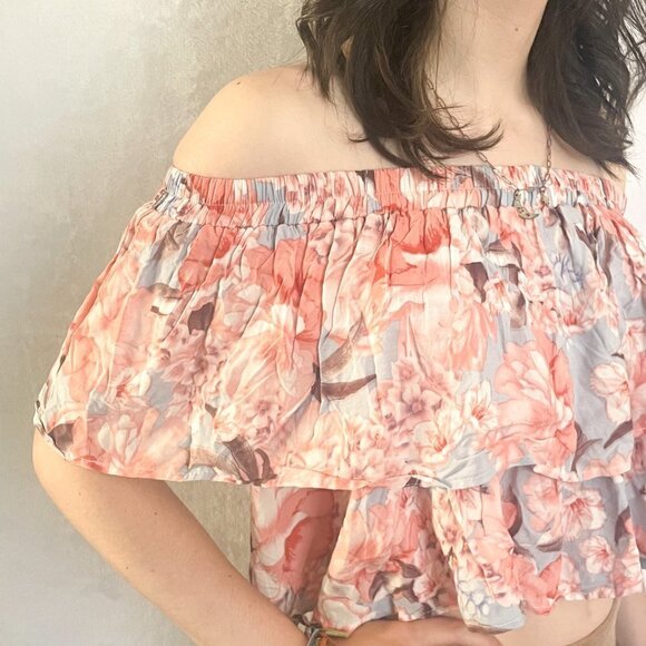 Jaase floral blouse Boho Chic off Shoulder tiered Crop Top size large - Picture 1 of 6